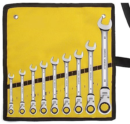 Llaves De Carraca Juego de llaves de trinquete de cabeza flexible, llaves de trinquete de acero al cromo vanadio, juego de llaves combinadas con bolsa de lona Llave Fija Carraca(9 pcs(6-22mm) Y)