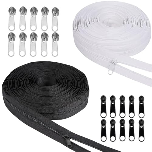 Oändlig dragkedja med dragkedja, 2 st 5 mm, 10 m, lång nylondragkedja, reparationssats, svart och vit, med 20 metalldragkedjor för sängkläder, jacka, kläder, väska, bagage, täcke, tält