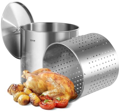 VEVOR Olla Grande de Acero Inoxidable 94,6 L, para Salsa con Canasta, Tapa y Asa, Olla Comercial Resistente, Tratamiento de Lijado, para Eventos de Grupos Grandes, Color Plateado, 500 x 495 mm