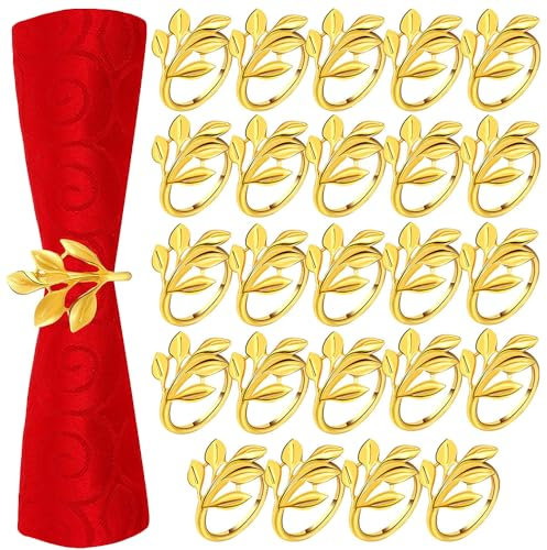 QKEPCY 24pcs Napkin Rings Metal Leaf Napkin Holder Set for Cloth Napkins Elegant Napkin Buckle for Table Decoration Valentine Day Thanksgiving Christmas Anniversary Dinners (Gold)