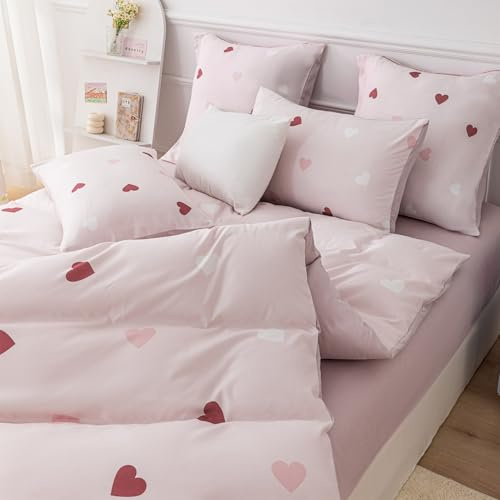 YASMENG Housse de Couette 220x240 Fille Coeur Rouge Rose Blanc Parure de Lit Microfibre Douce Parure de Lit 2 Personnes Adulte Fille Cadeau avec Fermeture Éclair avec Taies d'oreiller