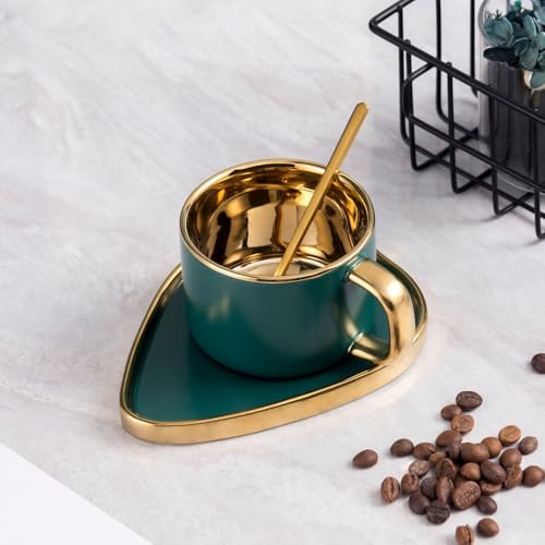 FülleMore Porzellan Cappuccinotasse mit Untertasse Goldrand Espressotasse 200ml Mokkatasse Kaffeetasse Set Kaffeeservice Set für Café Espresso Latte Mokka (Grün)