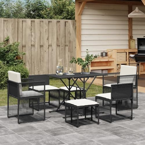 IKAYAA PolyRattan Gartenmöbel Essgruppe, Garten Sitzgruppe 6 Personen, Rattan Gartenmöbel aus 2X Gartensessel, 1x Tisch, 2X Hocker, 2 x Gartenstuhl ohne Armlehnen, für Balkon und Terrasse Schwarz
