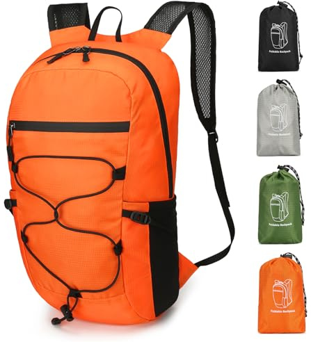 Outplea 15L Faltbarer Rucksack, Kleiner Rucksack Sport Damen, Wanderrucksack Herren Wasserdicht, Tagesrucksack Ultraleicht für Outdoor Freizeit Camping, Orange