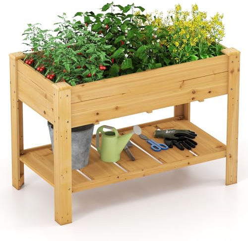 COSTWAY Hochbeet mit Ablage, Erhöhtes Gartenbeet aus Holz, Pflanzkasten mit Entwässerungslöchern, Gemüsebeet Kräuterbeet groß, für Balkon Garten Terrasse, 120 x 60 x 81 cm (Natur)