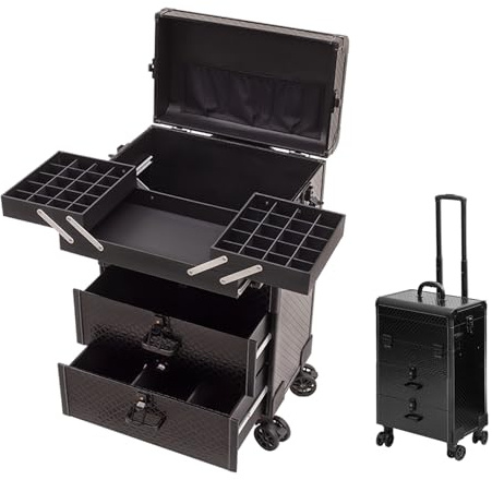 Rollkoffer für Make-up, professioneller Make-up-Koffer, Reise-Organizer für Make-up-Artisten, Kosmetiktasche mit Schubladen (Schwarz 1)