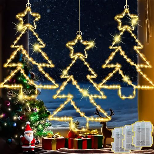 Joycome Decorazioni Natalizie per Esterno 3 Pezzi 55 LED Luci Albero di Natale per Finestre, Luci Natalizie da Esterno con Timer, Sospese Albero di Natale per Esterni da Interni - Bianco Caldo