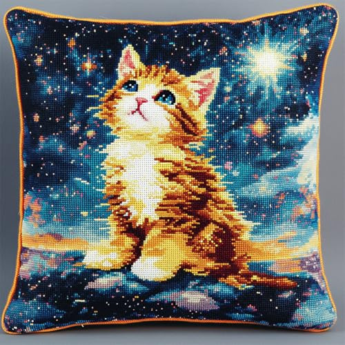 AxiangziK Tier DIY knüpfen set erwachsene knüpfkissen,Katze unter den Sternen,Knüpfhaken-Kissen-Set,bedruckte Leinwand für Anfänger,Stickerei,Bastelkissen,17x17in