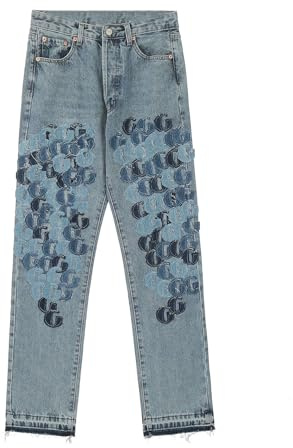 HAOZYUN Printemps Automne Hommes Femmes Couples Mode Loose Pantalons Vintage Faire Vieux Dames Lavé Micro - Lara Loose Noir Bleu Patchwork Jeans-Color-3||m
