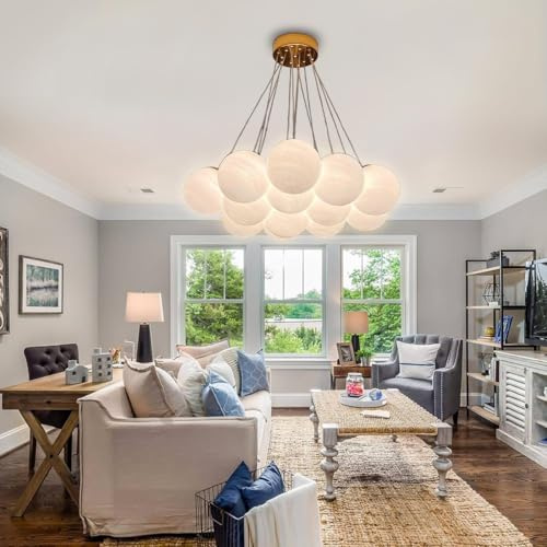 Lampadario Moderno a Sospensione in Vetro Bianco con 13 luci, Design Sputnik, per Soggiorno, Sala da Pranzo, Camera da Letto, Attacco G9 di Grandi Dimensioni Incluso.