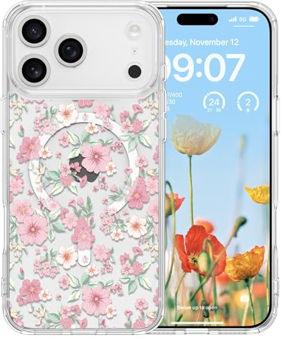 Raleavo Telefonfodral för iPhone 17 Pro, kompatibelt med MagSafe, sött, transparent blommönster, för tjejer och kvinnor, tunt magnetiskt fodral med hård baksida, stötsäkert mobilfodral, rosa blommor