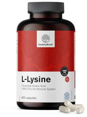 HealthyWorld L-Lisina Clorhidrato - 1000 mg - 400 Cápsulas Vegetales | Con zinc, Aminoácido esencial, Sin aditivos, Suministro para 6 meses