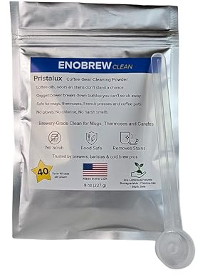 Enobrew Pristalux Coffee Gear Cleaner Powder – Stainless Steel Mug & Insulated Tumbler Stain Remover – No-Scrub Overnight Soak – Removes Coffee Oils & Odors – Chlorine-Free, Food-Safe. (8 oz)