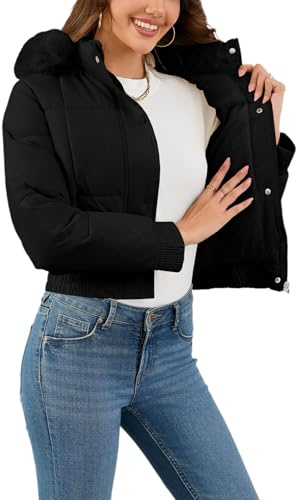 Manteau d'hiver court pour femme, veste matelassée à capuche, avec bordure en fausse fourrure, doublure en polaire, fermeture à glissière et silhouette ajustée à taille haute (Noir,Grand)