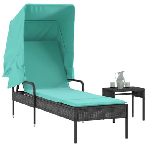 mtlskopl Black Outdoor Chaise Lounge with Canopy, 31x9.6x20.2, Poly Rattan Recliner, UV Cushion, Hidden Table, Foldable