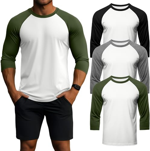 Geyoga 3 Pack Men's 3/4 Sleeve Shirts Crew Neck Baseball T Shirts Moisture Wicking Athletic Tops