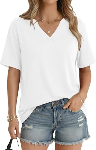 Aottori Maglietta Donna Scollo a V Maglia Manica Corta Estiva T-Shirt Elegante Tinta Unita Basic Top Ampia Moda Tee Shirt Leggero Lungo Causal Bianco M
