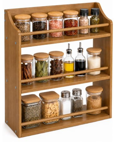 evergoods 3-Tier Wooden Spice Rack Kitchen Countertop Organiser – 40.2×12.6×40cm Wood Seasoning Storage Shelf for Spices, Herbs, Jars, Pantry, Bathroom & Home Organisation
