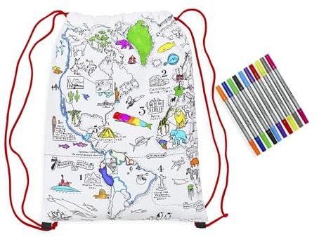 eatsleepdoodle Weltkarte-Rucksack zum Ausmalen, waschbar und wiederverwendbar, inkl. 10 auswaschbare Stifte, spielerisches Lernen, 34x45cm, 100% Baumwolle