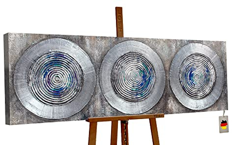 YS-Art Abstrakt Acryl Gemälde auf Leinwand Balance handgemalt Wandbilder Wohnzimmer modern Wohndekor Design Bild grau silber waagerecht echte Kunst 150x50 cm