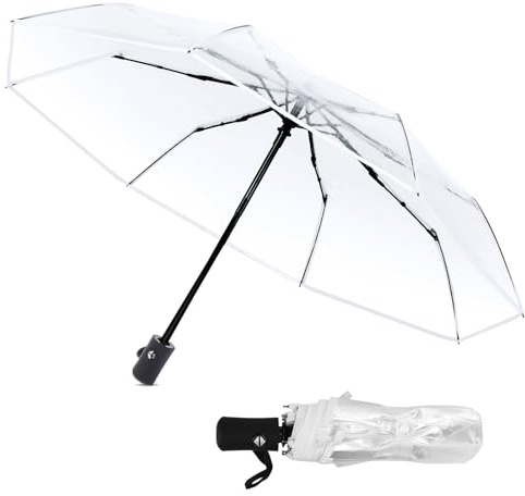 Mumusuki Durchsichtiger Regenschirm Transparent, Taschenschirme Mit 8 Rippen, 105cm Schwarz Faltender Regenschirm, Winddichter und Auf-Zu-Automatik, Automatikschirm für Reisen, Geschenkideen
