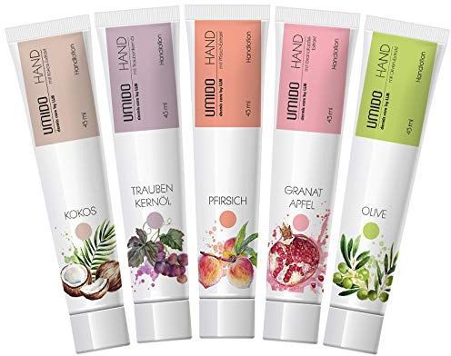 UMIDO 5 Stück Set Hand-Lotion Set 45 ml | 1x Kokos | 1x Traubenkernöl | 1x Pfirsich | 1x Granatapfel | 1x Olive | Handcreme | Pflegecreme | Lotion | Hautpflege | Handcreme Set