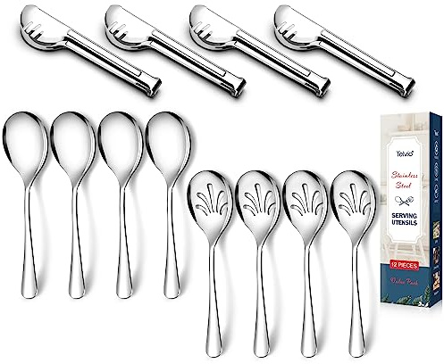 Stainless Steel Metal Serving Utensils - Large Serving sets-10 Spoons, 10 Slotted Spoons and 9 Tongs by Teivio (Silver, Set of 12)