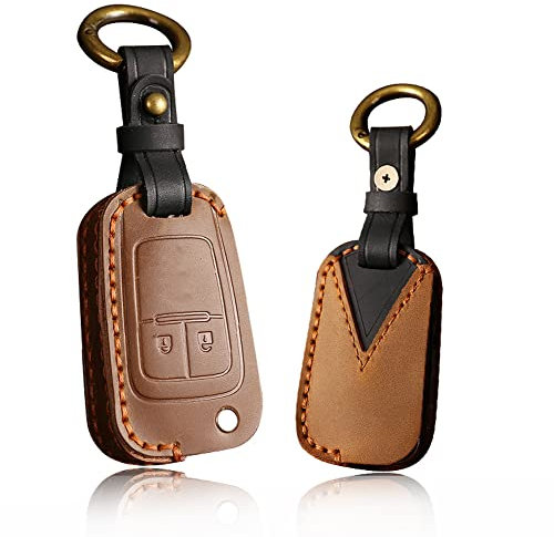 ontto Leder Autoschlüssel Hülle Passt für Opel Astra J Corsa E GT Insignia Karl Zafira Grandland Mokka Chevrolet Orlando Schutzhülle Schlüsselhülle Cover Schlüsselbox Schlüsselanhänger-2 Taste Braun