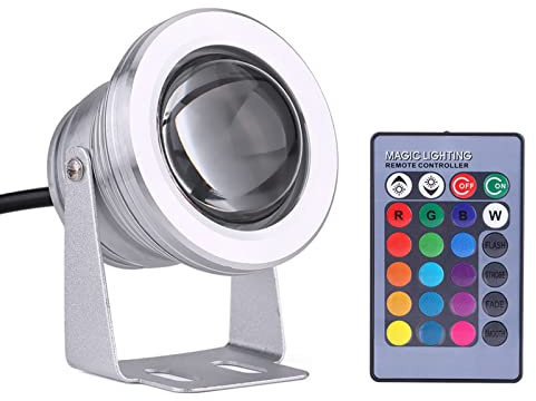 Headerbs Teichbeleuchtung Unterwasserlicht Led, Marine Boat Yacht 10W 12V RGB Spot Light Regenfeste Lampe mit Fernbedienung Außenbeleuchtung wasserdichte Brunnen Teichleuchte(Silberne Schale)