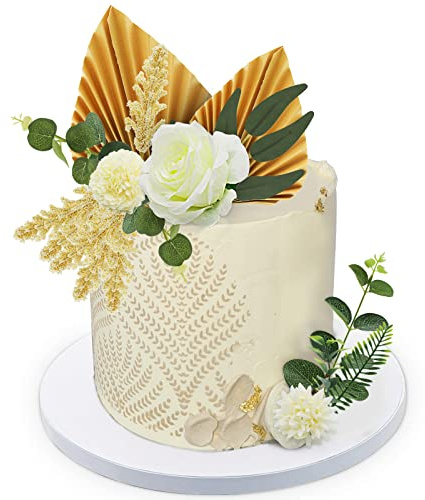 Lukinuo Lot de 16 décorations de gâteau bohème,Fleurs dorées,Décoration de gâteau,Rose blanche,Oeillet d'eucalyptus,Feuilles de saule,Pour anniversaire,Mariage,Mariée,Fête prénatale