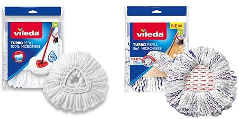 Vileda Recharge Classique pour Turbo et Easy Wring & Clean, Microfibres, Blanche & Recharge Turbo 3en1 avec Pad Central pour 40% de Puissance de Nettoyage en Plus