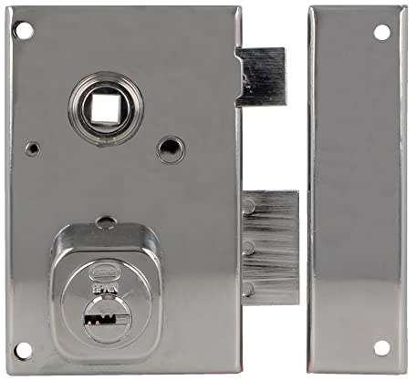 Amig - Aufschraubschloss DIN rechts mit Schließhebel, Falle und Vierkant für Holztüren Mod. 75N - 72 x 112 mm - runder Sicherheitszylinder - Stahl silberfarben