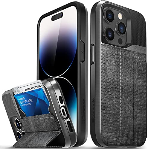 VENA vCommute Wallet Case Compatible with Apple iPhone 14 Pro (6.1-inch), (Military Grade Drop Protection) Flip Leather Cover Card Slot Holder with Kickstand - Slate Black