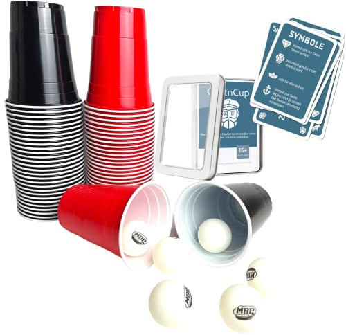 CaptnCup + Beerpong Set – 100 bicchieri + 6 palline – Beer Pong gioco bere con bicchieri rossi e neri, l'estensione della festa ideale per i festival