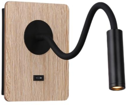 B·LED BARCELONA LED Aplique de Pared Madera con Interruptor y Foco Negro Flexible Luz Blanco Cálido para Lectura Cama Mesita de Noche Hotel