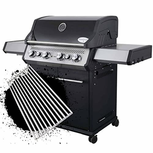 SANTOS Gasgrill S-418 – Edelstahl Grillroste, 800°C Infrarot-Zone, Heckbrenner, 4-Brenner, ausziehbares Warmhalterost, Gasgrill mit Seitenbrenner & Deckelthermometer