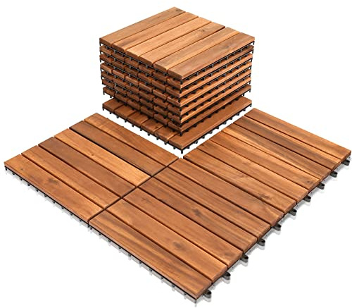 Cecaylie 55er Pack Holzfliesen aus Akazien Holz,6 Latten Fliese Holzfliesen 30x30 cm - 5 m² Balkonfliesen für Balkon, Garten & Terrasse | einfach, schnell & praktisch verlegt