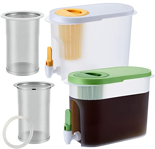 Gerrii 2 Pcs Cold Brew Maker, 1 Gallon Plastic Beverage Dispenser with 2 Filters, Drink Dispenser for Fridge, Cold Brew Pitcher with Spigot, Container for Juice, Water, Tea(Green, Yellow)