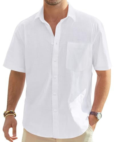 J.VER Mens Linen Shirt Short Sleeve Button Down Casual Summer Shirts White
