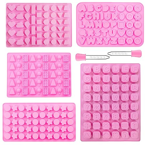 5 Stück Gummibärchen Bonbonform mit 2 Tropfenzähler, VEINARDYL 233-Hohlraum Antihaft Silikon-Schokoladenform Buchstabe Zahl Blume Torten Formen für Fondant herstellen Gelee Cupcake Topper Dekorationen
