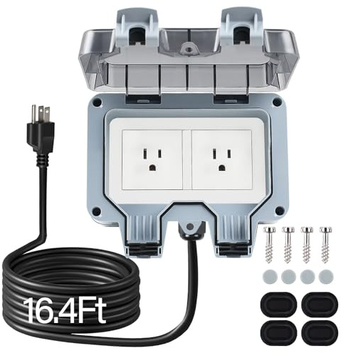 ZUYIYI Outdoor Power Outlet Box with 16.4Ft Extension Cord, NEMA 5-15R, STW 14 AWG, Weatherproof Waterproof IP66 Electrical Outlet Extender, Exterior Wall Power Socket w/Cover for Garden
