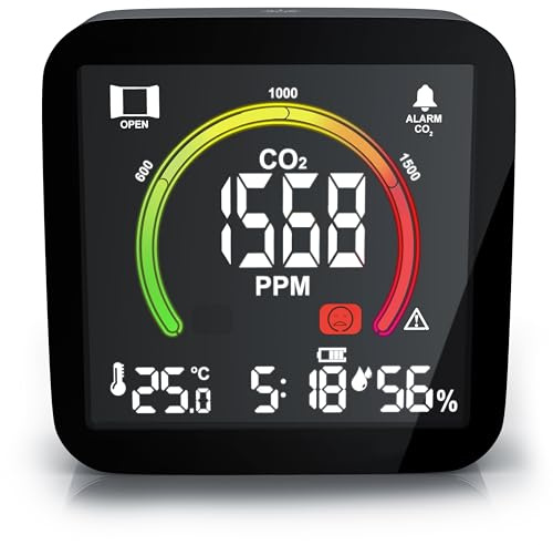 Brandson Luftgütemonitor zur Überwachung der Raumluftqualität, Alarm bei schlechter Luftqualität, CO2 Messung, Air Quality Monitor Luftqualitätsmesser, Wecker, Temperatur, Uhrzeit, Luftfeuchtigkeit