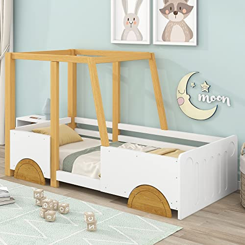 MQGPM Kinderbett Autobett 90x200cm mit Speicherung und Rausfallschutz, Kinder Spielbett mit Lattenrost und MDF-Rädern, Rahmen aus Kiefer, Kindermöbel, für Jungen und Mädchen, Weiß&Natur