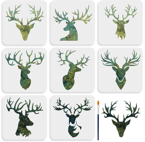 MAYJOYDIY 8 Hirschkopf Schablone 20 × 20cm Wildtier Waldtier Schablonen Vorlage Mit Pinsel Wiederverwendbare Hirschgeweih Zeichenvorlage Für Holz Leinwand Papier Stoff Wand Glas