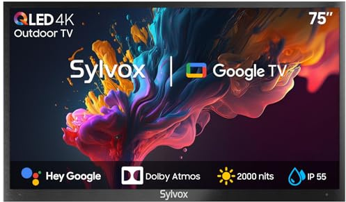 SYLVOX 75 Zoll Outdoor TV, 4K UHD QLED Google Outdoor Fernseher | 2000 Nits, Sprachassistent, Dolby Atmos, IP55 Wasserdicht TV für Garten, Terrasse, Pool &Gewerberäume(Pool Pro 2.0 QLED)