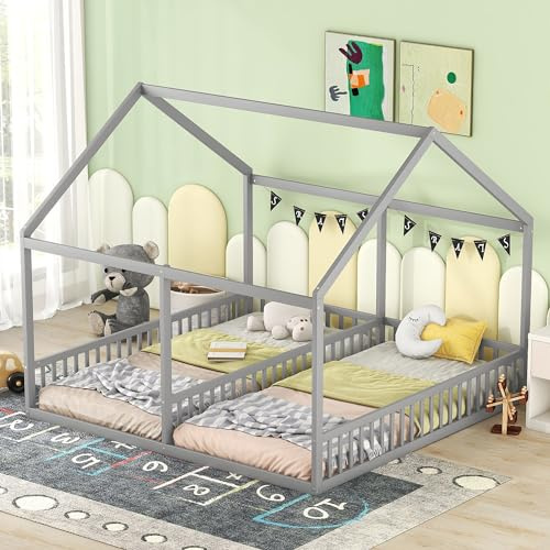 Dolamaní Bodenbett 180x200 cm 2 Kinder mit rausfallschutz, 90x200 cm Einzelbetten 2-in-1, Hausbett Holz Geschwister Bett, Kinderbett Bodentief (Grau)