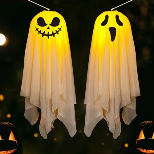 Halloween Deko Outdoor Hängender Geist Laternen,Halloween Dekorationen LED Hängende Laternen Leuchtenden,Papierlaternen mit Lampions Lampenschirm für Innen Außen Terrasse Garten Dekoration