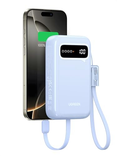 UGREEN Power Bank 20000mAh 22.5W, Caricatore Portatile con Cavo USB C Integrato, Batteria Esterna con Display Compatibile con iPhone 16/15 Pro Max Plus, Galaxy S24 S23 Ultra, Pixel 9/8 PRO XL. Blu