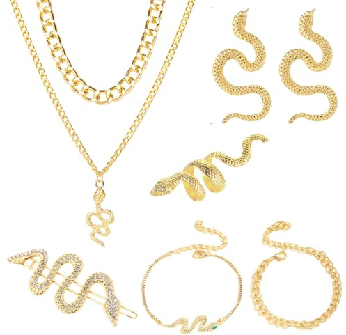 Hifot 6 Stück Schlangen Schmuck Set für Damen Teenager Schlangen Ohrringe Gold Armband Mehrschichtige Halskette Ring Haarspangen Accessoires Gothic Medusa Kostüm