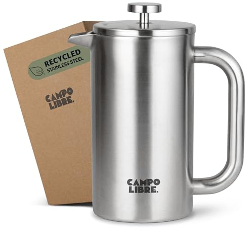 Campo Libre.® Giorgio. French Press I Kaffeebereiter aus doppelwandigem Edelstahl 1l I plastikfreie Kaffeepresse mit Thermofunktion inkl. Ersatzfilter I Kaffeezubereiter aus 100% recyceltem Edelstahl